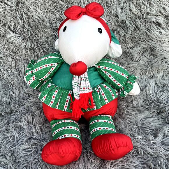 Vintage Nylon Holiday Decor Christmas Girl Miss Mouse Stuffed Animal Plush Puffy - Picture 2 of 11